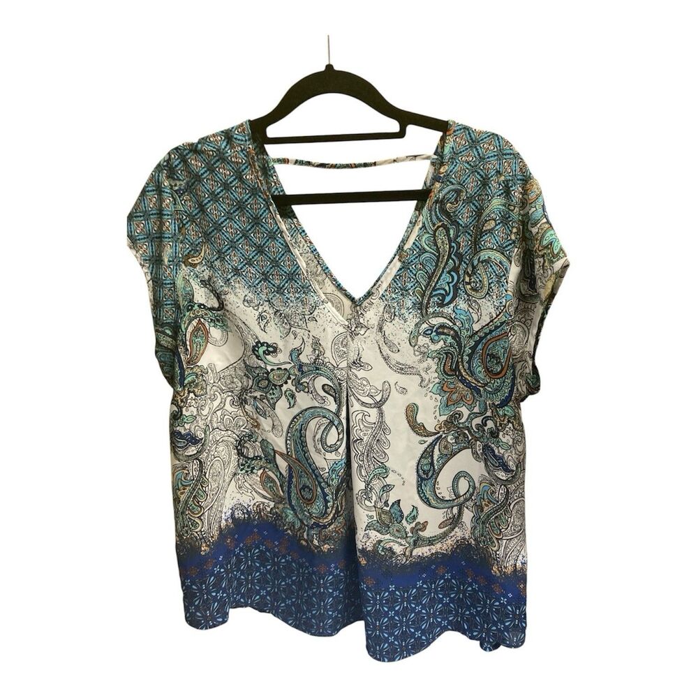 Daniel Rainn Women’s Top Blue White Floral Paisley Short Sleeve Size XL